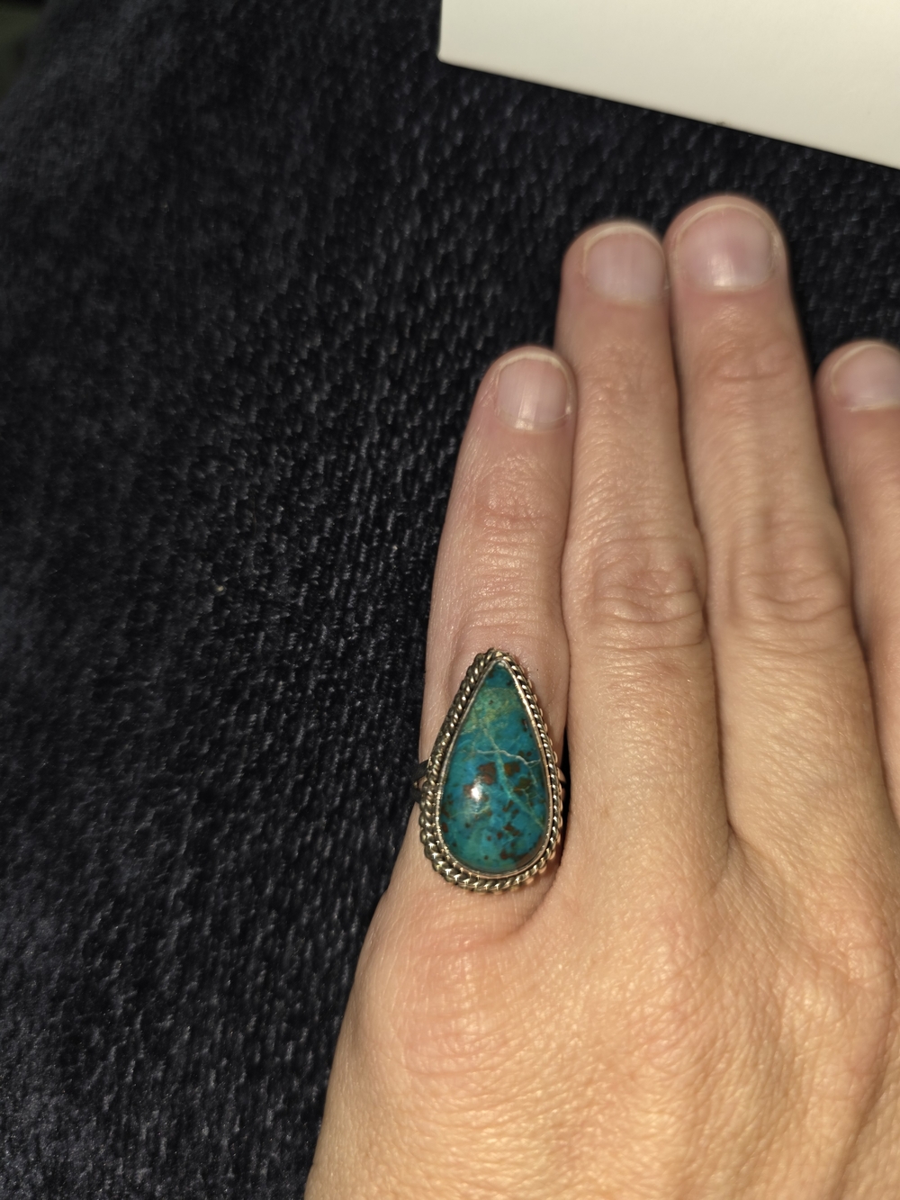 Shattuckite Teardrop Sterling Silver Ring - Blue Green Stone-size 7